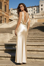 Sage V Neck Sheath Satin Open Back Long Evening Dress - Curvevia