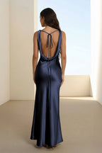 Sage V Neck Sheath Satin Open Back Long Evening Dress - Curvevia