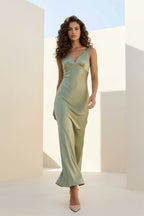 Sage V Neck Sheath Satin Open Back Long Evening Dress - Curvevia