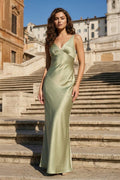 Sage V Neck Sheath Satin Open Back Long Evening Dress - Curvevia