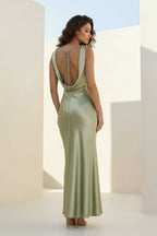 Sage V Neck Sheath Satin Open Back Long Evening Dress - Curvevia