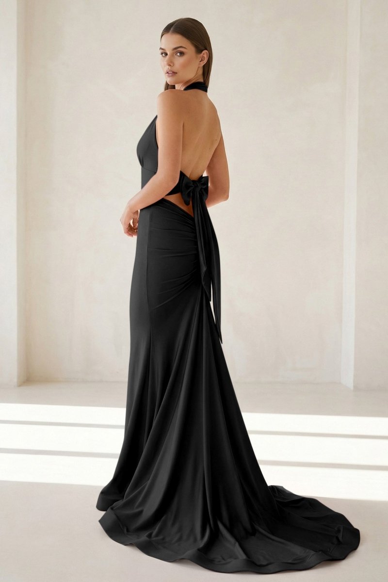 Pink Halter Mermaid Satin Open Back Evening Dress With Bow - Curvevia