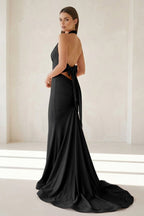 Pink Halter Mermaid Satin Open Back Evening Dress With Bow - Curvevia