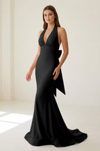 Pink Halter Mermaid Satin Open Back Evening Dress With Bow - Curvevia