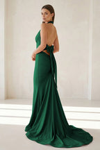 Pink Halter Mermaid Satin Open Back Evening Dress With Bow - Curvevia