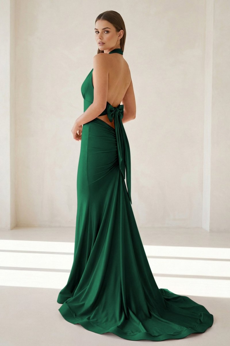 Pink Halter Mermaid Satin Open Back Evening Dress With Bow - Curvevia