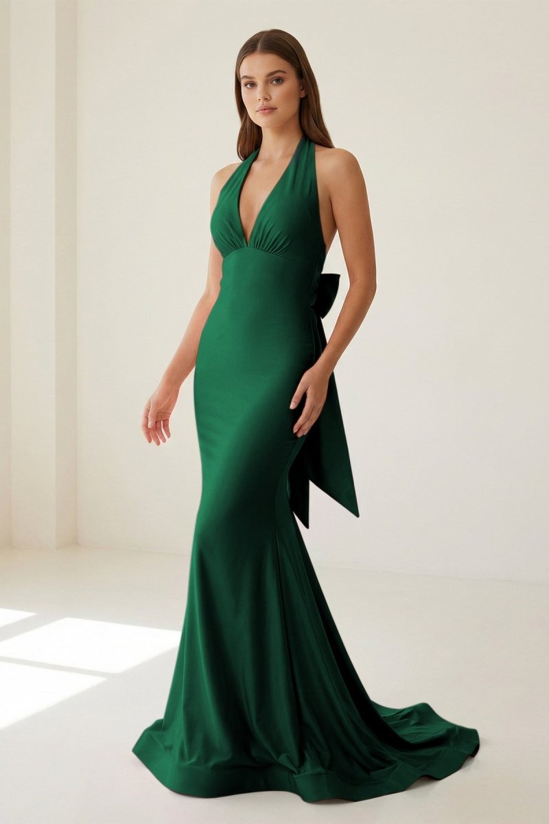 Pink Halter Mermaid Satin Open Back Evening Dress With Bow - Curvevia