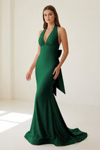 Pink Halter Mermaid Satin Open Back Evening Dress With Bow - Curvevia