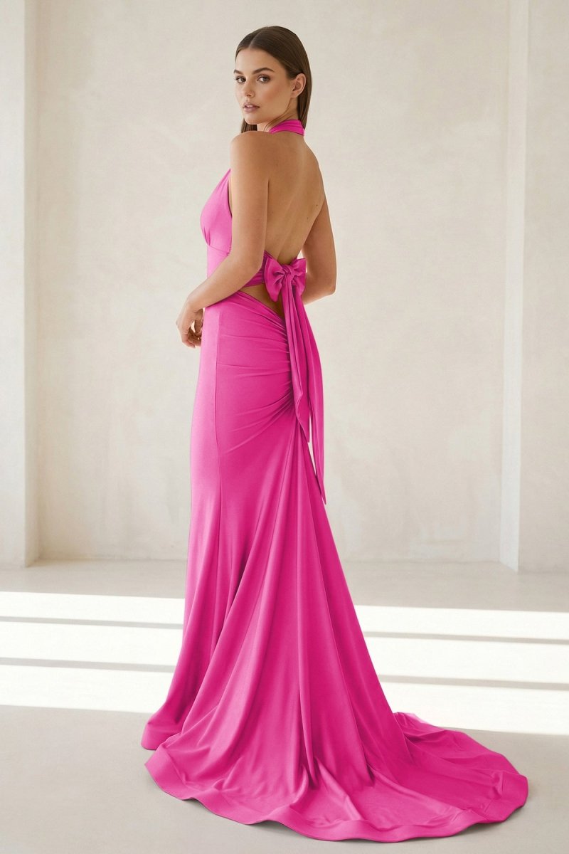 Pink Halter Mermaid Satin Open Back Evening Dress With Bow - Curvevia