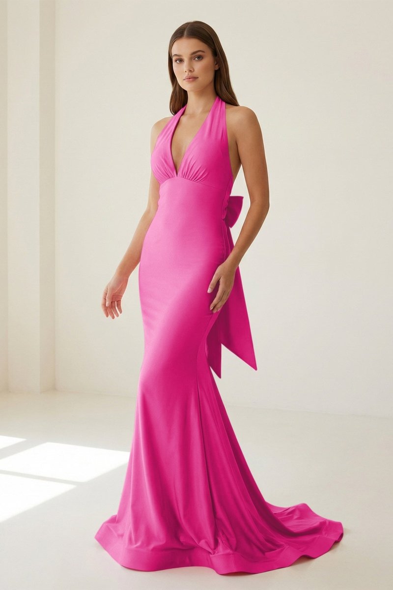 Pink Halter Mermaid Satin Open Back Evening Dress With Bow - Curvevia