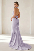 Pink Halter Mermaid Satin Open Back Evening Dress With Bow - Curvevia
