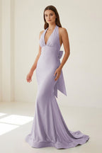 Pink Halter Mermaid Satin Open Back Evening Dress With Bow - Curvevia