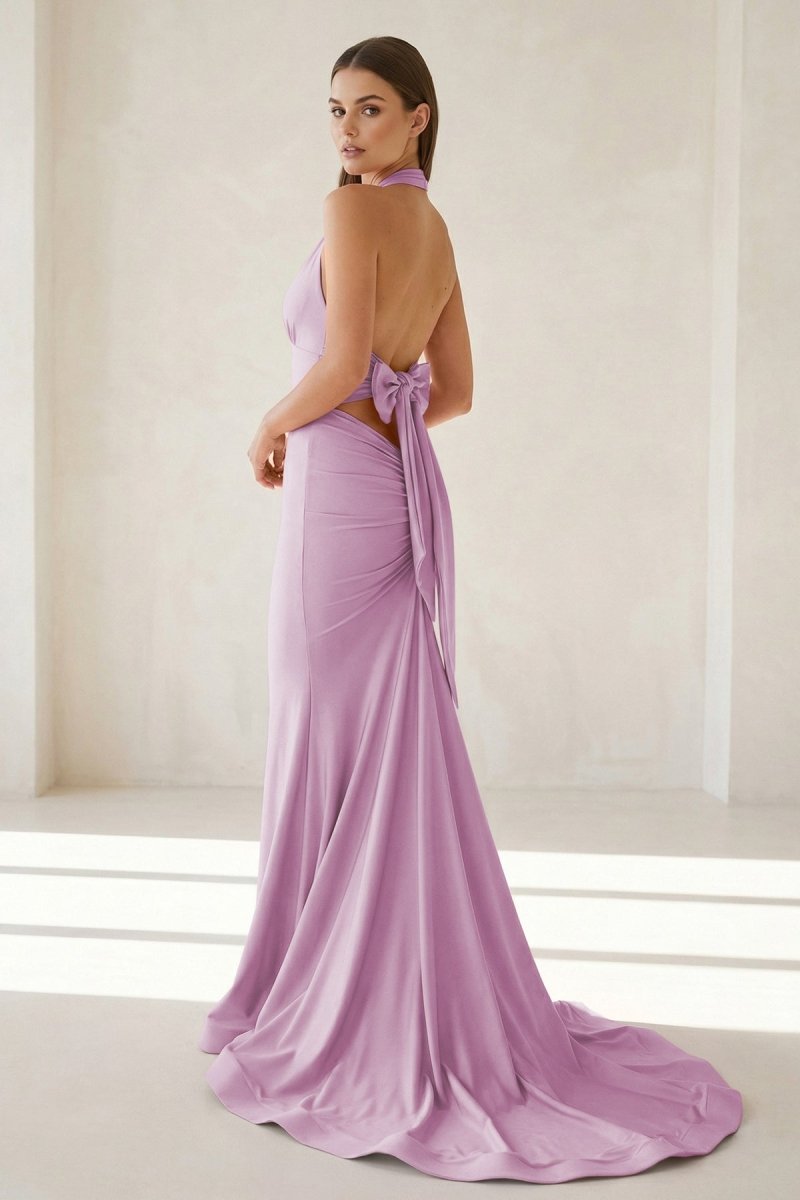 Pink Halter Mermaid Satin Open Back Evening Dress With Bow - Curvevia