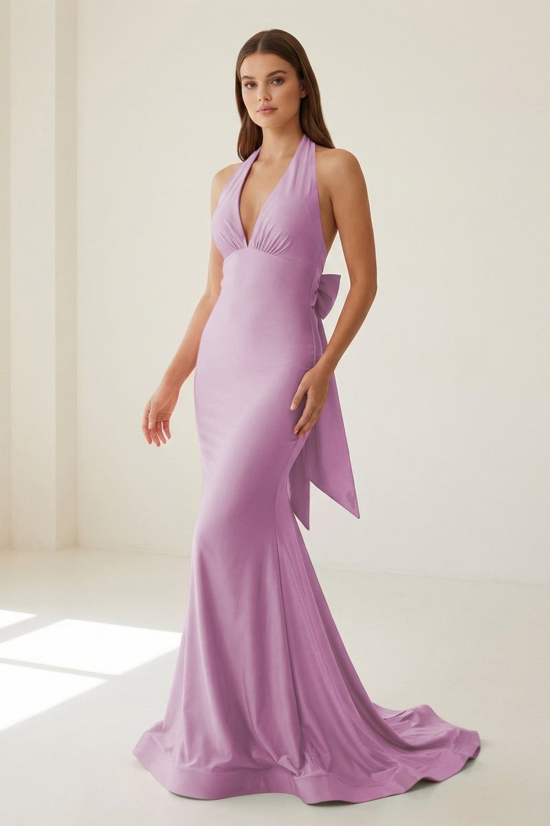 Pink Halter Mermaid Satin Open Back Evening Dress With Bow - Curvevia