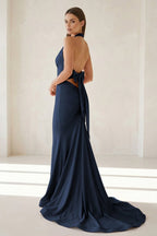 Pink Halter Mermaid Satin Open Back Evening Dress With Bow - Curvevia