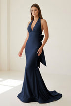 Pink Halter Mermaid Satin Open Back Evening Dress With Bow - Curvevia