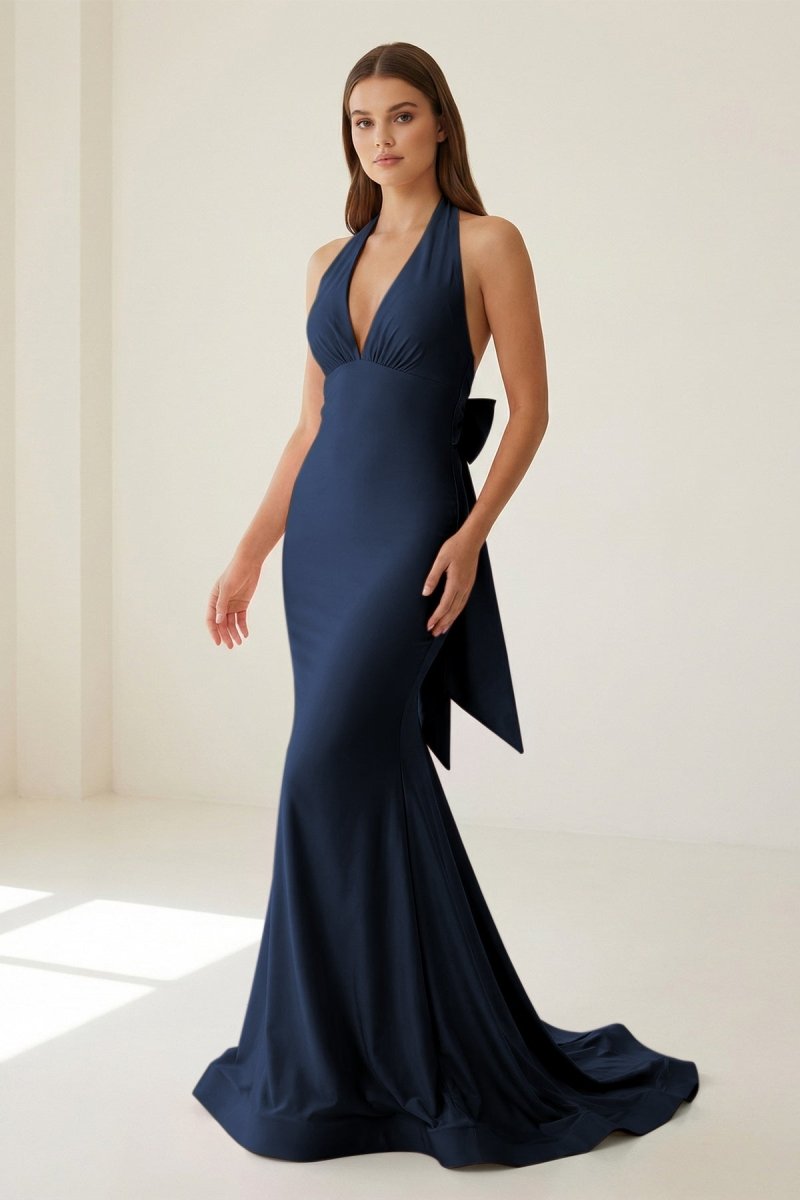 Pink Halter Mermaid Satin Open Back Evening Dress With Bow - Curvevia