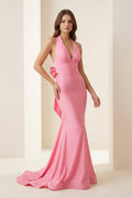Pink Halter Mermaid Satin Open Back Evening Dress With Bow - Curvevia