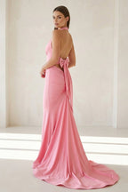 Pink Halter Mermaid Satin Open Back Evening Dress With Bow - Curvevia