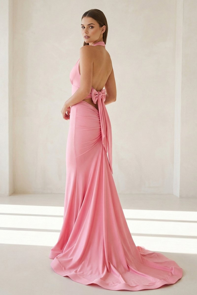 Pink Halter Mermaid Satin Open Back Evening Dress With Bow - Curvevia