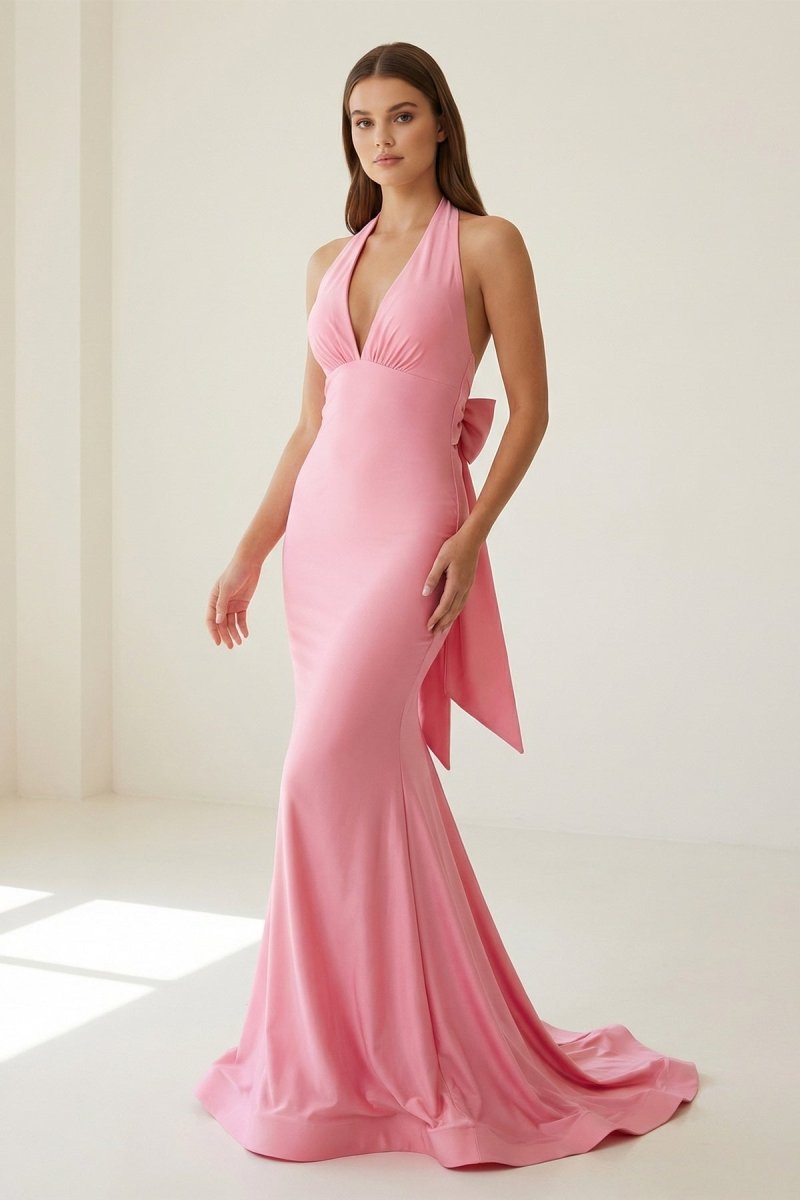 Pink Halter Mermaid Satin Open Back Evening Dress With Bow - Curvevia