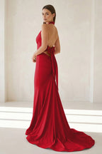 Pink Halter Mermaid Satin Open Back Evening Dress With Bow - Curvevia