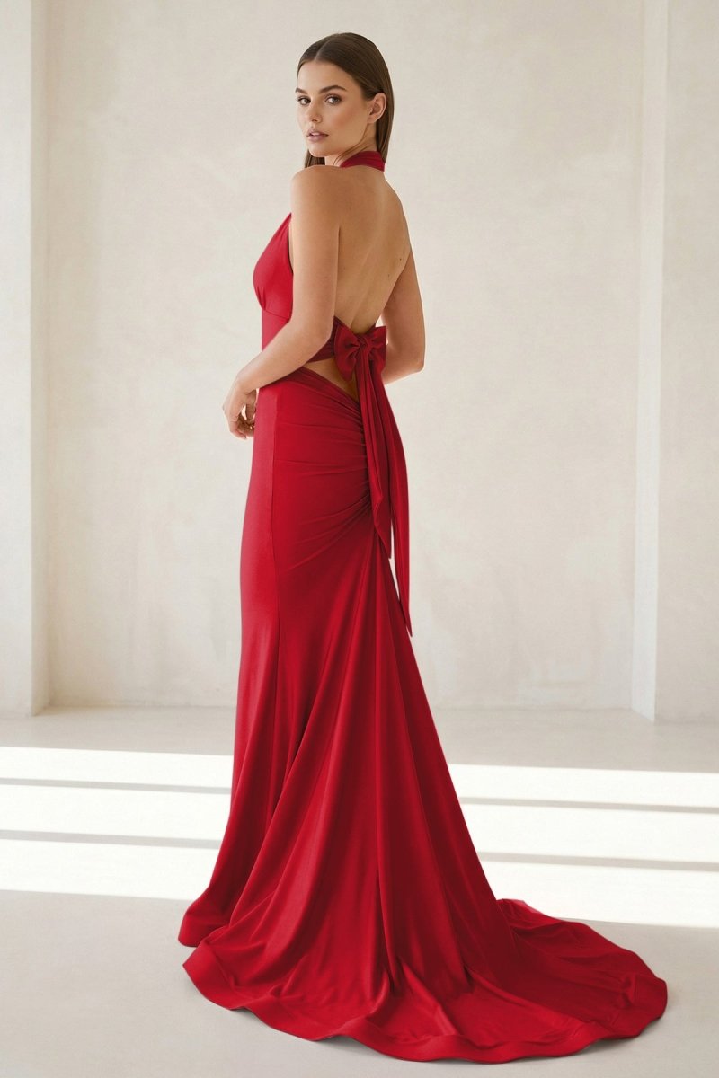 Pink Halter Mermaid Satin Open Back Evening Dress With Bow - Curvevia