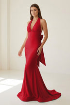 Pink Halter Mermaid Satin Open Back Evening Dress With Bow - Curvevia