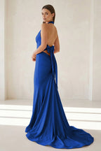 Pink Halter Mermaid Satin Open Back Evening Dress With Bow - Curvevia