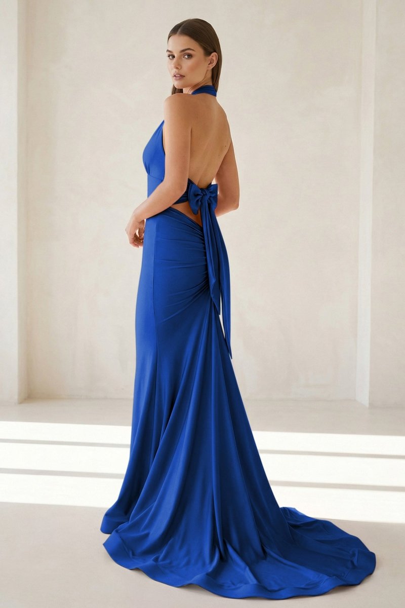 Pink Halter Mermaid Satin Open Back Evening Dress With Bow - Curvevia