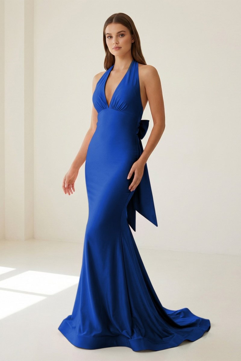 Pink Halter Mermaid Satin Open Back Evening Dress With Bow - Curvevia