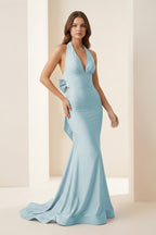 Pink Halter Mermaid Satin Open Back Evening Dress With Bow - Curvevia