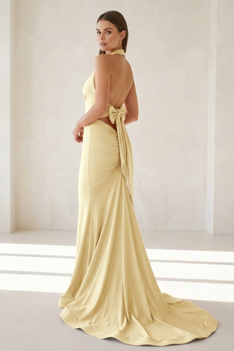 Pink Halter Mermaid Satin Open Back Evening Dress With Bow - Curvevia