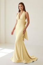 Pink Halter Mermaid Satin Open Back Evening Dress With Bow - Curvevia