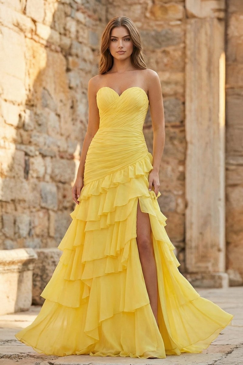 Ruched Ruffle Fitted Yellow Long Prom Dress with Slit - Curvevia