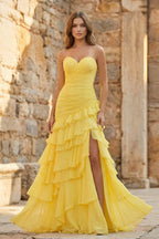 Ruched Ruffle Fitted Yellow Long Prom Dress with Slit - Curvevia