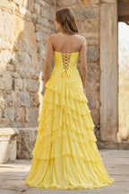 Ruched Ruffle Fitted Yellow Long Prom Dress with Slit - Curvevia