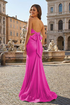 Yellow Sweetheart Sheath Satin Long Prom Dresses With Slit - Curvevia