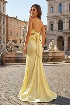 Yellow Sweetheart Sheath Satin Long Prom Dresses With Slit - Curvevia