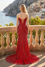 Red Sweetheart Mermaid Sequined Long Formal Prom Dresses With Slit - Curvevia