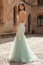 Sage Green Spaghetti Straps Mermaid Prom Dress With Appliques - Curvevia