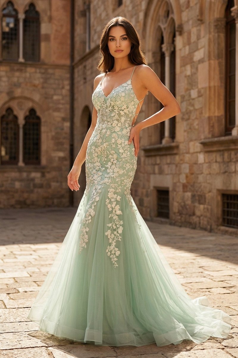 Sage Green Spaghetti Straps Mermaid Prom Dress With Appliques - Curvevia