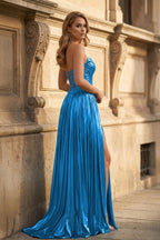 Green Metallic Sweetheart Pleated A-Line Long Evening Dress - Curvevia