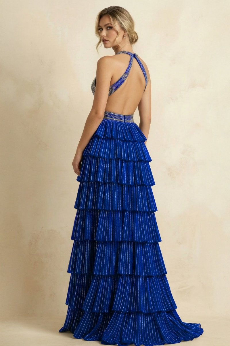 Royal Blue A-Line Halter Satin Beaded Long Wedding Guest Dress With Ruffles - Curvevia