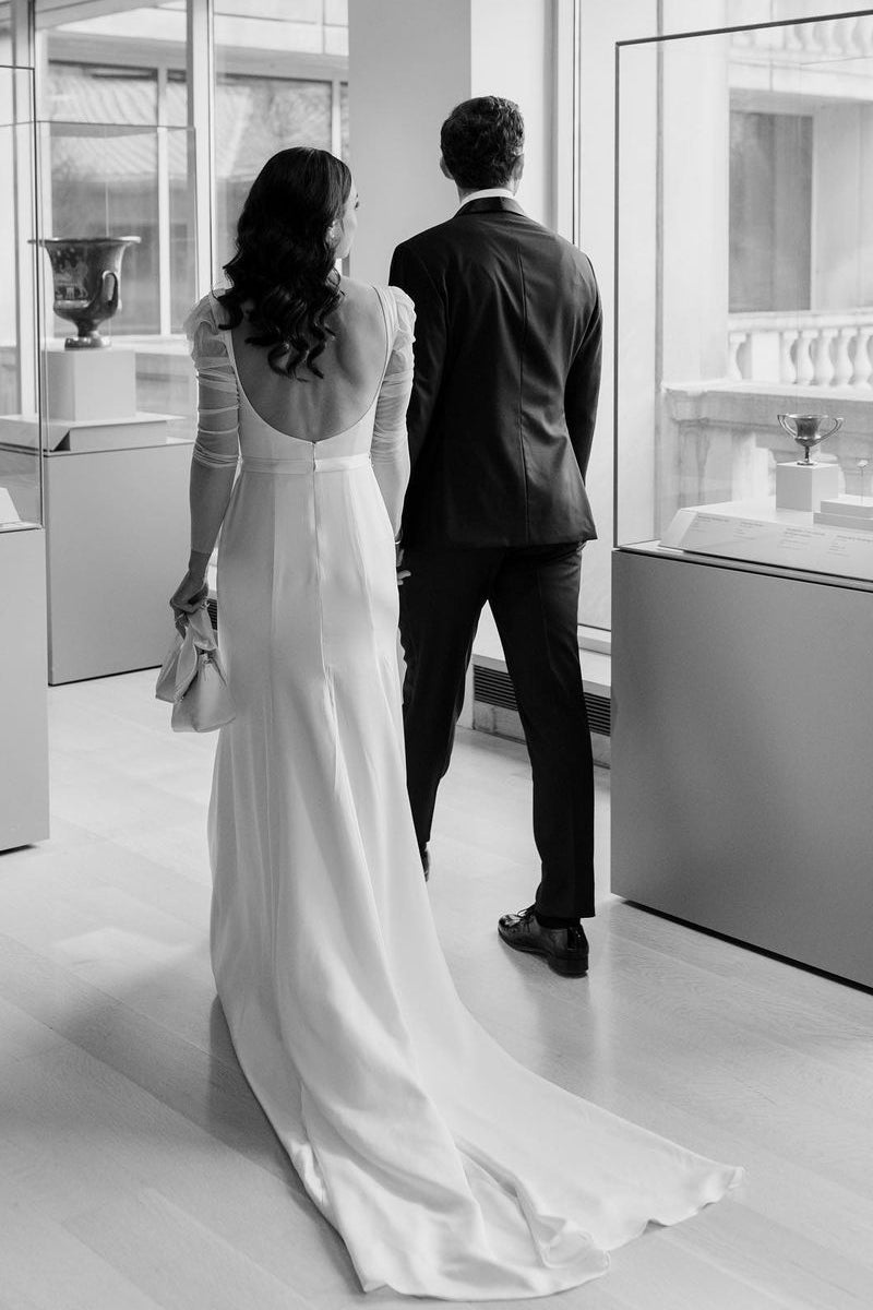 Square Neck Long Sleeves White Satin Wedding Dresses - Curvevia