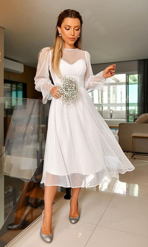 Elegant A-Line Long Sleeve Tea Length Wedding Dresses - Curvevia