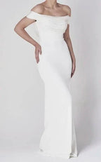 Off-the-shoulder Elegant Mermaid Satin Wedding Dress With Tiers And V-back - Curvevia