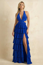 Royal Blue A-Line Halter Satin Beaded Long Wedding Guest Dress With Ruffles - Curvevia