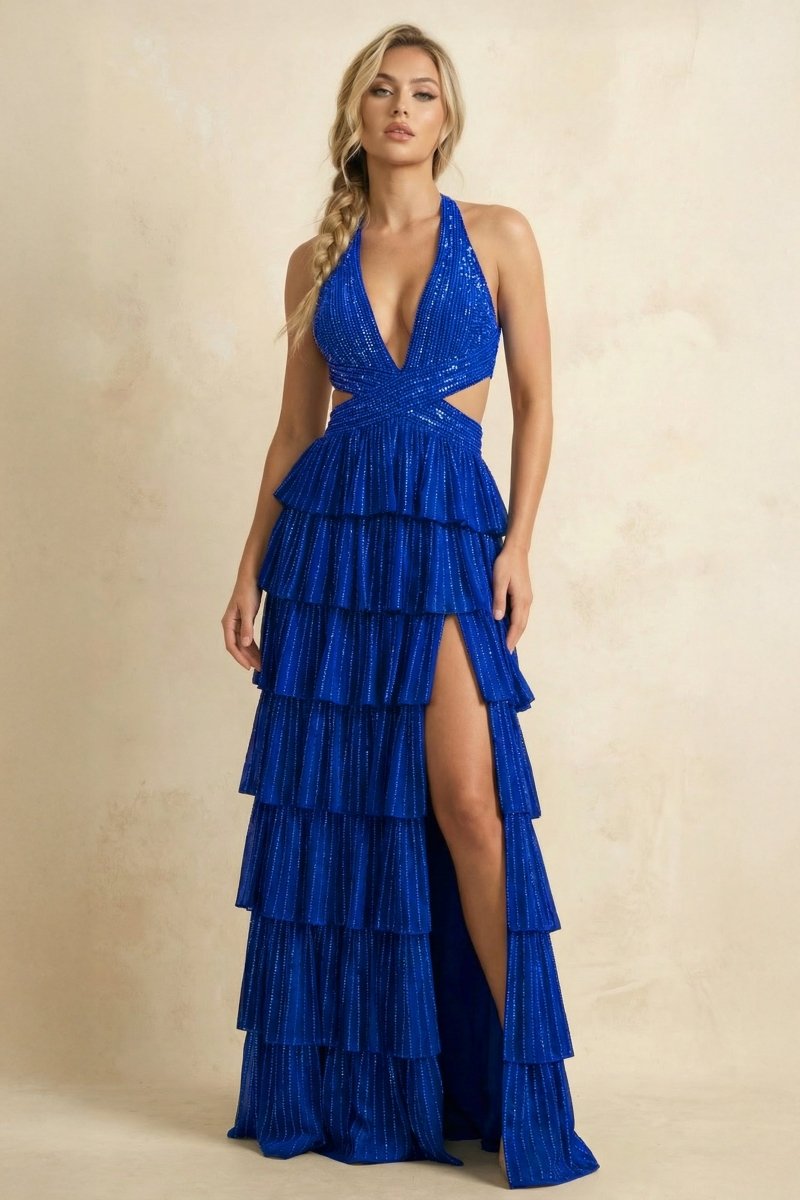 Royal Blue A-Line Halter Satin Beaded Long Wedding Guest Dress With Ruffles - Curvevia