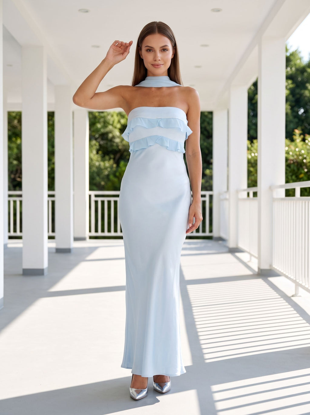 Sky Blue Satin Mermaid Halter neckline Backless Floor-Length Dress with Cowl Draped Back - Curvevia